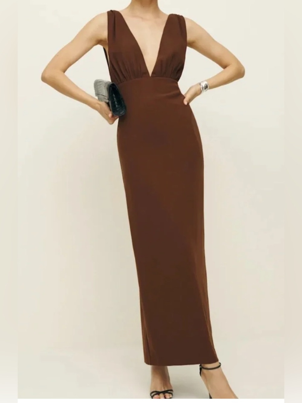 Reformation Brown Deep V Maxi Dress